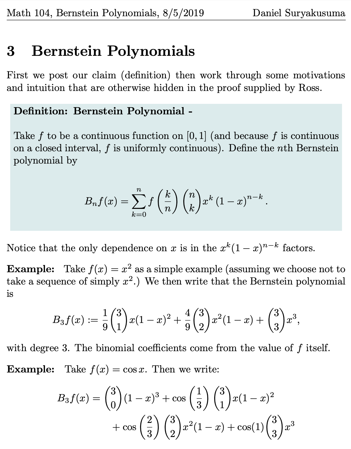 Uniform Approximation, Bernstein Polynomials (Real Analysis)